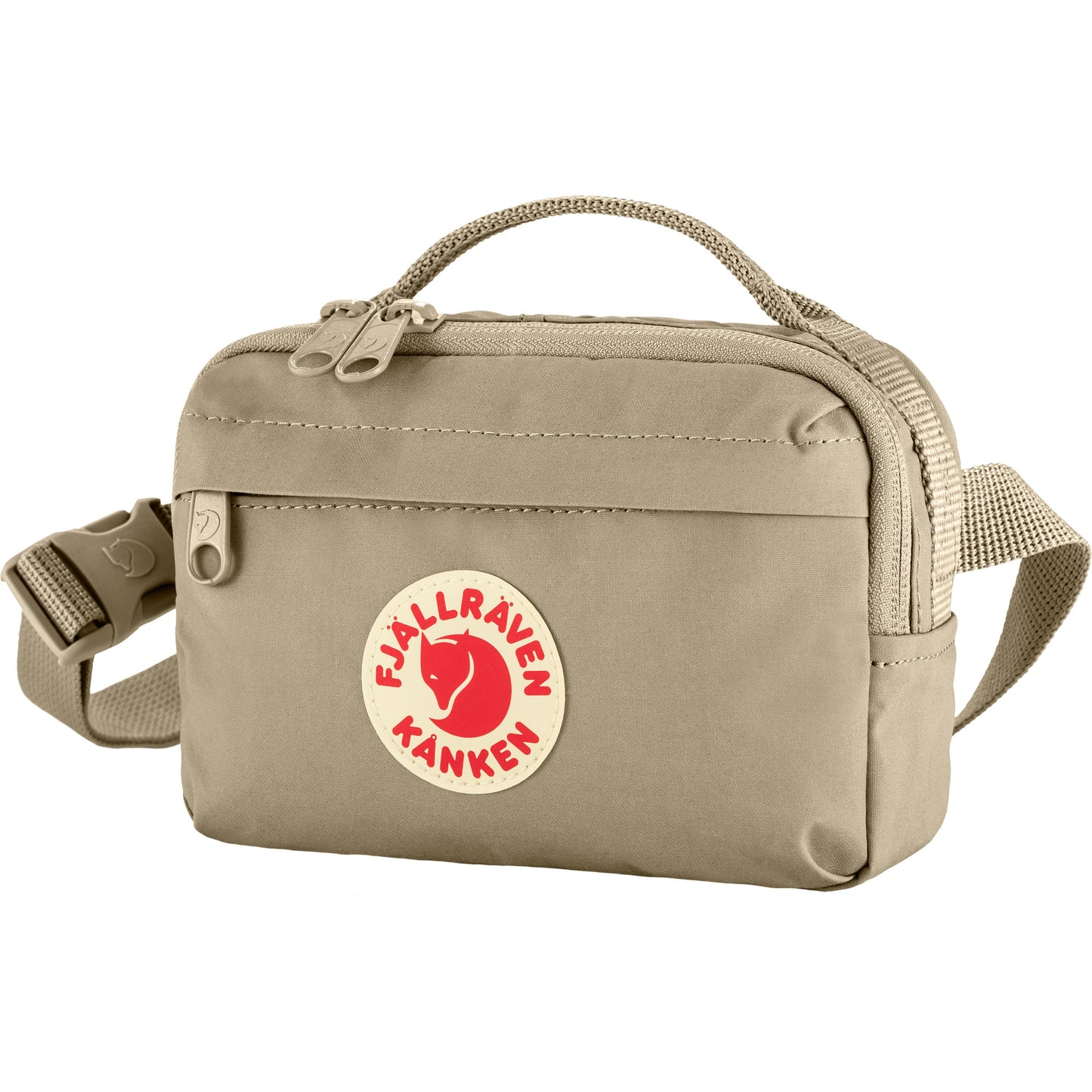 Beige Fjallraven Kanken Hip Pack with a red and white logo on a white background